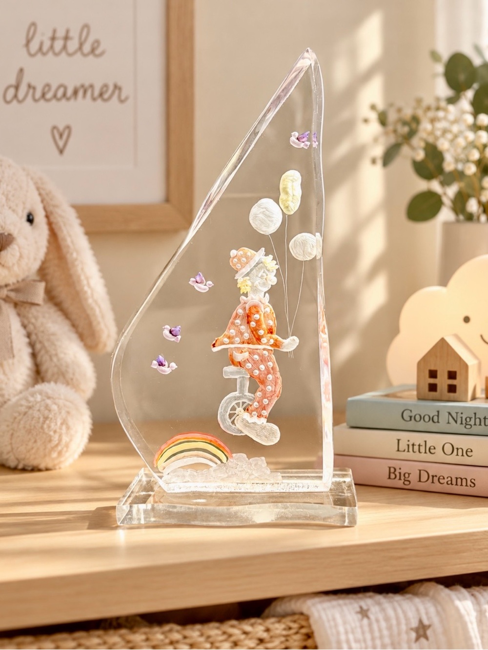 Vintage Signed Mary K. Waters Lucite Clown Unicycle Rainbow Figurine 9”